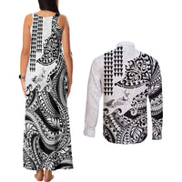 Hawaiian Tribal Manta Ray Couples Matching Tank Maxi Dress and Long Sleeve Button Shirt Kakau Tattoo and Polynesian Art Motif Pattern LT03 - Polynesian Pride