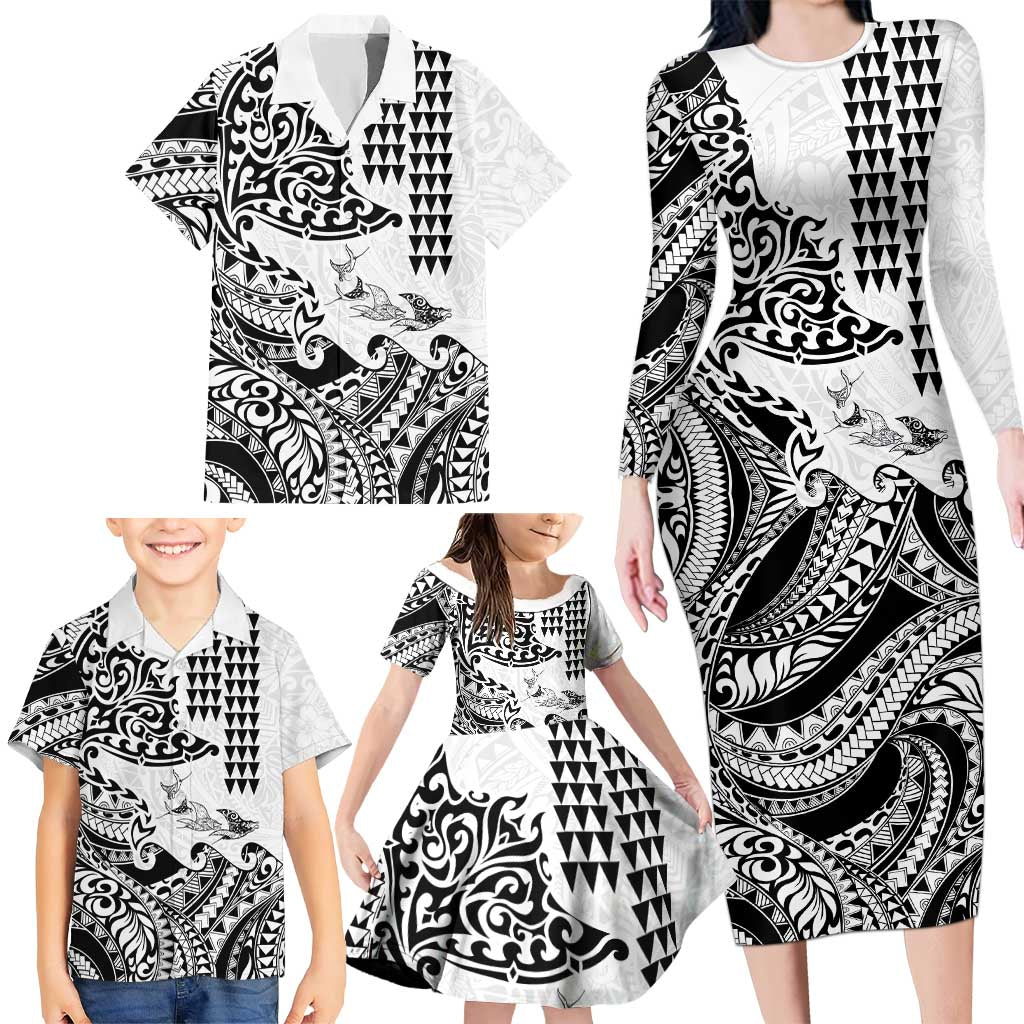Hawaiian Tribal Manta Ray Family Matching Long Sleeve Bodycon Dress and Hawaiian Shirt Kakau Tattoo and Polynesian Art Motif Pattern LT03 - Polynesian Pride