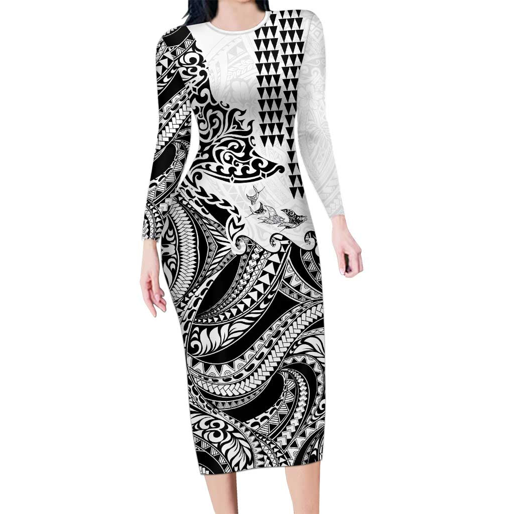Hawaiian Tribal Manta Ray Family Matching Long Sleeve Bodycon Dress and Hawaiian Shirt Kakau Tattoo and Polynesian Art Motif Pattern LT03 Mom's Dress Multicolor - Polynesian Pride