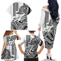 Hawaiian Tribal Manta Ray Family Matching Off The Shoulder Long Sleeve Dress and Hawaiian Shirt Kakau Tattoo and Polynesian Art Motif Pattern LT03 - Polynesian Pride