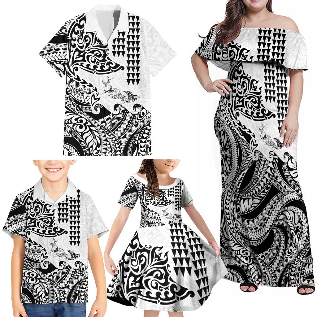 Hawaiian Tribal Manta Ray Family Matching Off Shoulder Maxi Dress and Hawaiian Shirt Kakau Tattoo and Polynesian Art Motif Pattern