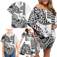 Hawaiian Tribal Manta Ray Family Matching Off Shoulder Short Dress and Hawaiian Shirt Kakau Tattoo and Polynesian Art Motif Pattern LT03 - Polynesian Pride