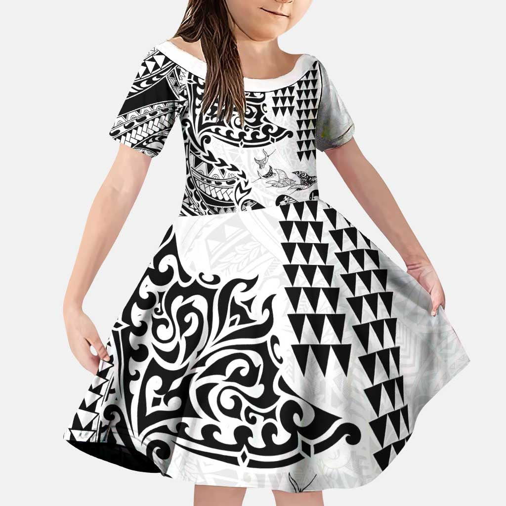 Hawaiian Tribal Manta Ray Family Matching Short Sleeve Bodycon Dress and Hawaiian Shirt Kakau Tattoo and Polynesian Art Motif Pattern LT03 Daughter's Dress Multicolor - Polynesian Pride