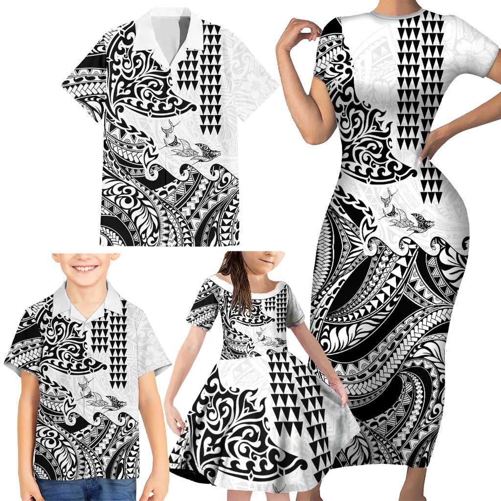 Hawaiian Tribal Manta Ray Family Matching Short Sleeve Bodycon Dress and Hawaiian Shirt Kakau Tattoo and Polynesian Art Motif Pattern