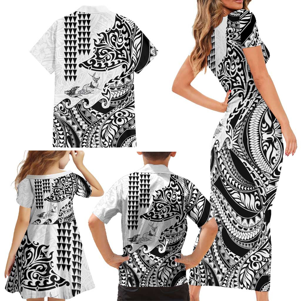 Hawaiian Tribal Manta Ray Family Matching Short Sleeve Bodycon Dress and Hawaiian Shirt Kakau Tattoo and Polynesian Art Motif Pattern LT03 - Polynesian Pride