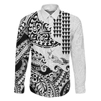Hawaiian Tribal Manta Ray Family Matching Tank Maxi Dress and Hawaiian Shirt Kakau Tattoo and Polynesian Art Motif Pattern LT03 Dad's Shirt - Long Sleeve Multicolor - Polynesian Pride