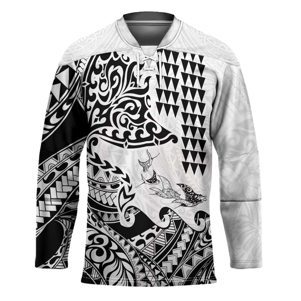Hawaiian Tribal Manta Ray Hockey Jersey Kakau Tattoo and Polynesian Art Motif Pattern