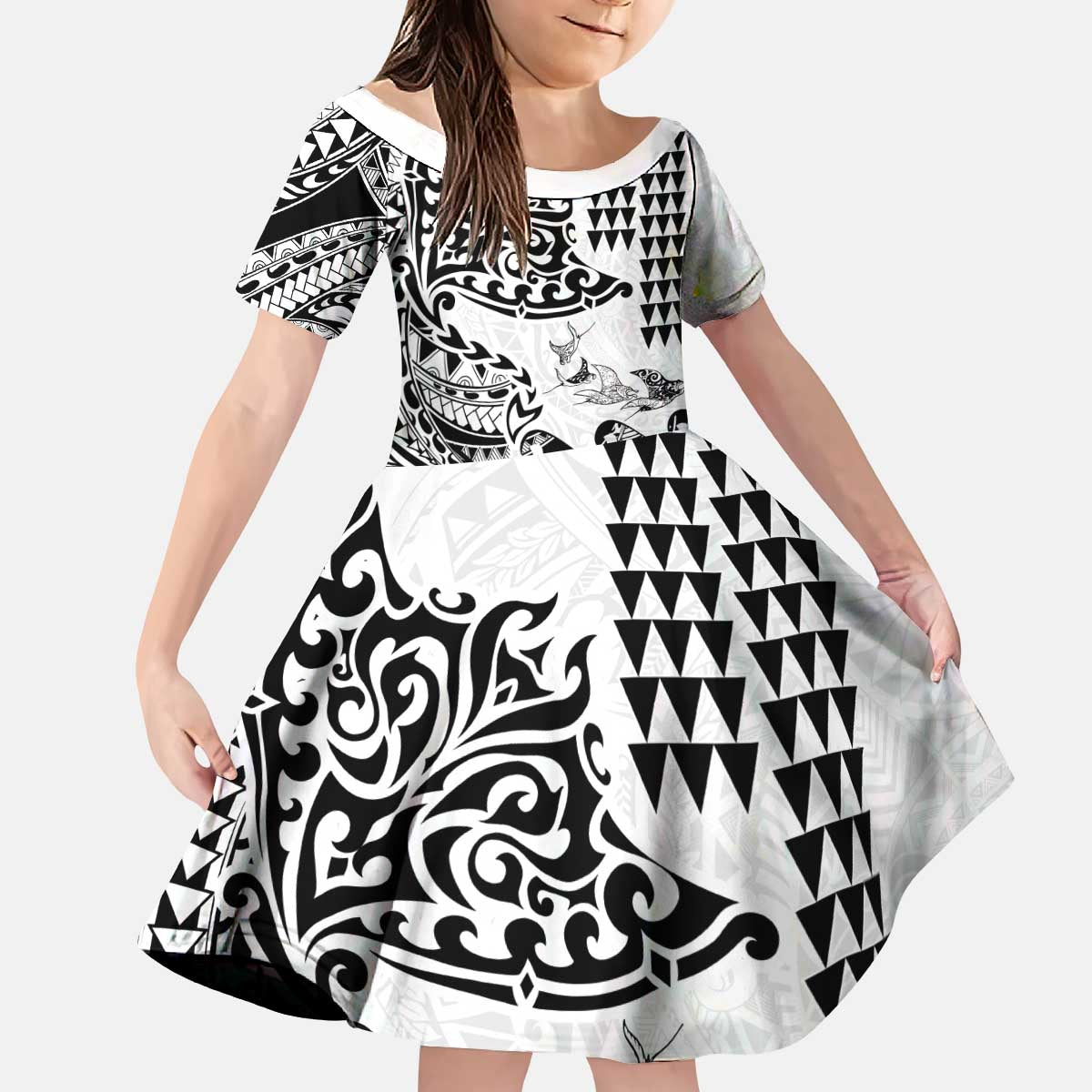 Hawaiian Tribal Manta Ray Kid Short Sleeve Dress Kakau Tattoo and Polynesian Art Motif Pattern
