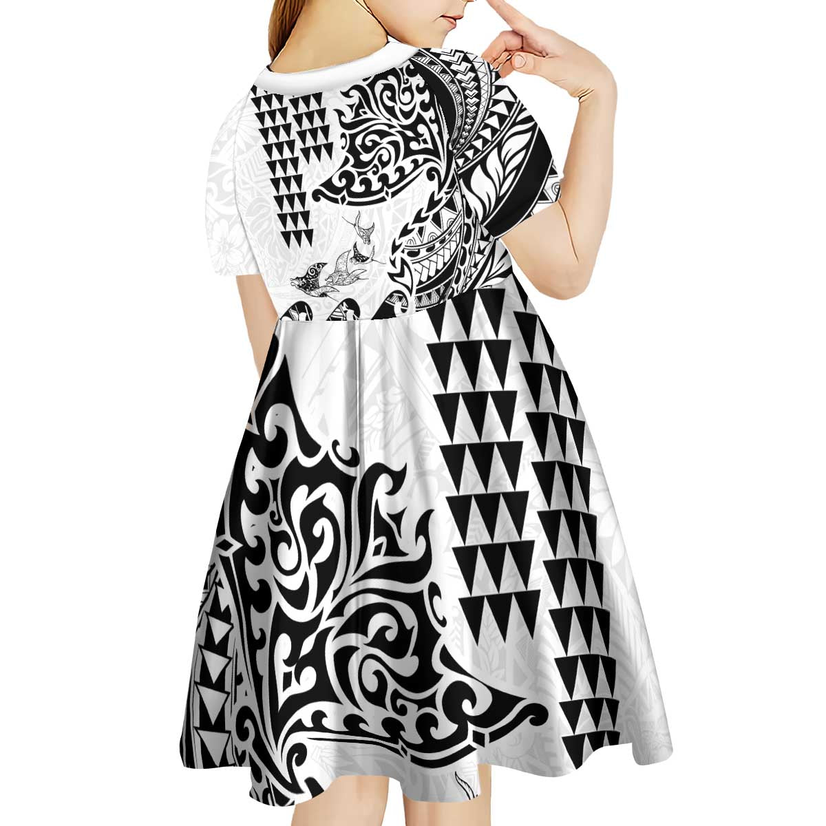 Hawaiian Tribal Manta Ray Kid Short Sleeve Dress Kakau Tattoo and Polynesian Art Motif Pattern LT03 - Polynesian Pride