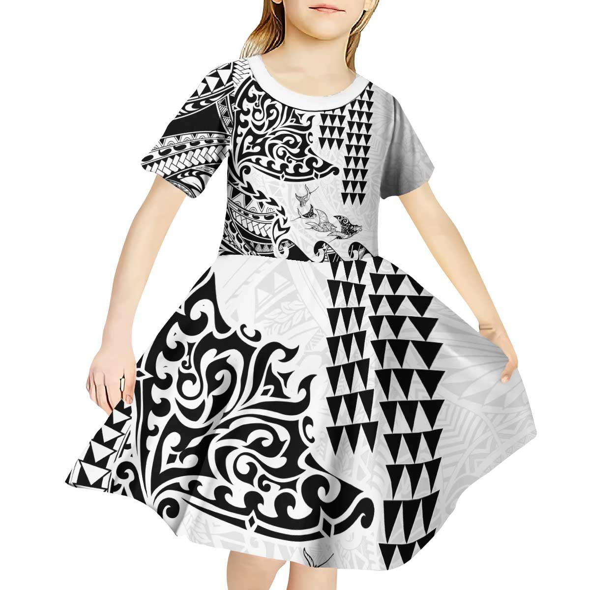 Hawaiian Tribal Manta Ray Kid Short Sleeve Dress Kakau Tattoo and Polynesian Art Motif Pattern LT03 - Polynesian Pride