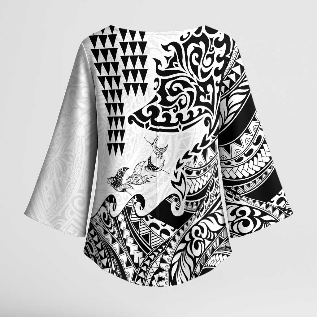 Hawaiian Tribal Manta Ray Kimono Sleeve Blouse Kakau Tattoo and Polynesian Art Motif Pattern