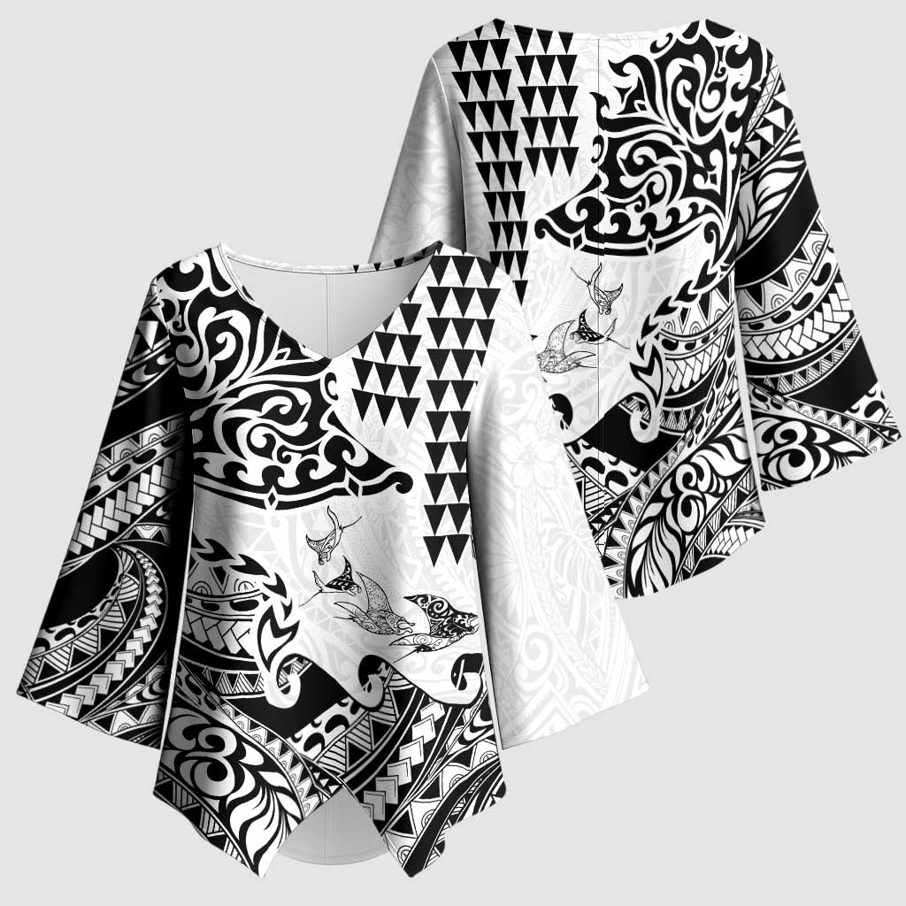 Hawaiian Tribal Manta Ray Kimono Sleeve Blouse Kakau Tattoo and Polynesian Art Motif Pattern