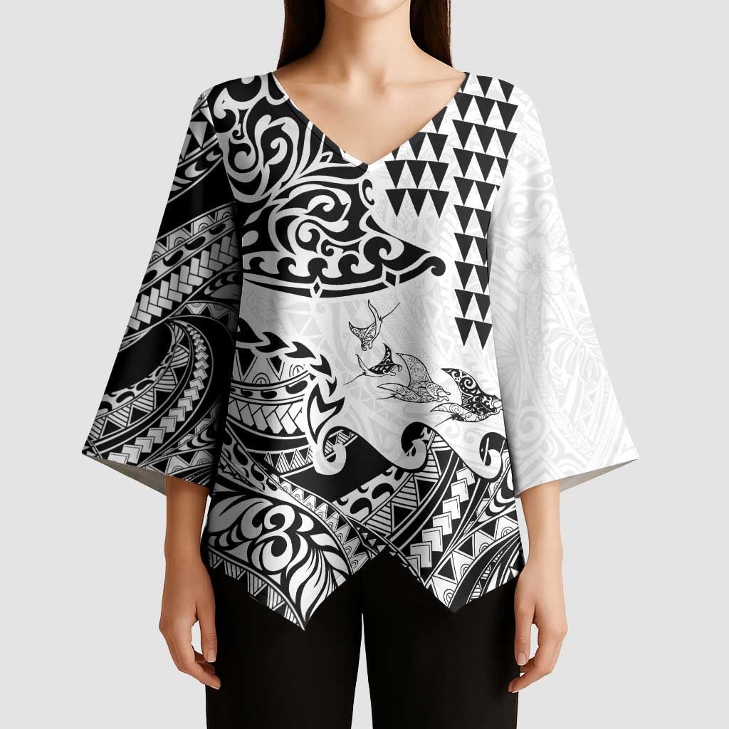 Hawaiian Tribal Manta Ray Kimono Sleeve Blouse Kakau Tattoo and Polynesian Art Motif Pattern