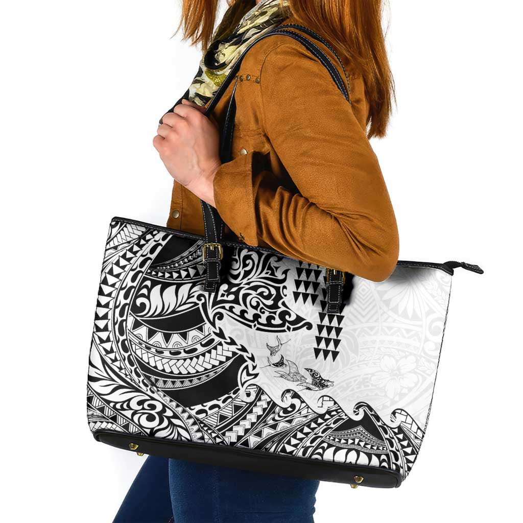 Hawaiian Tribal Manta Ray Leather Tote Bag Kakau Tattoo and Polynesian Art Motif Pattern