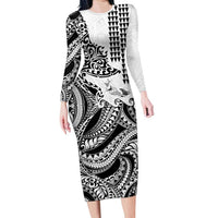 Hawaiian Tribal Manta Ray Long Sleeve Bodycon Dress Kakau Tattoo and Polynesian Art Motif Pattern LT03 Long Dress Multicolor - Polynesian Pride
