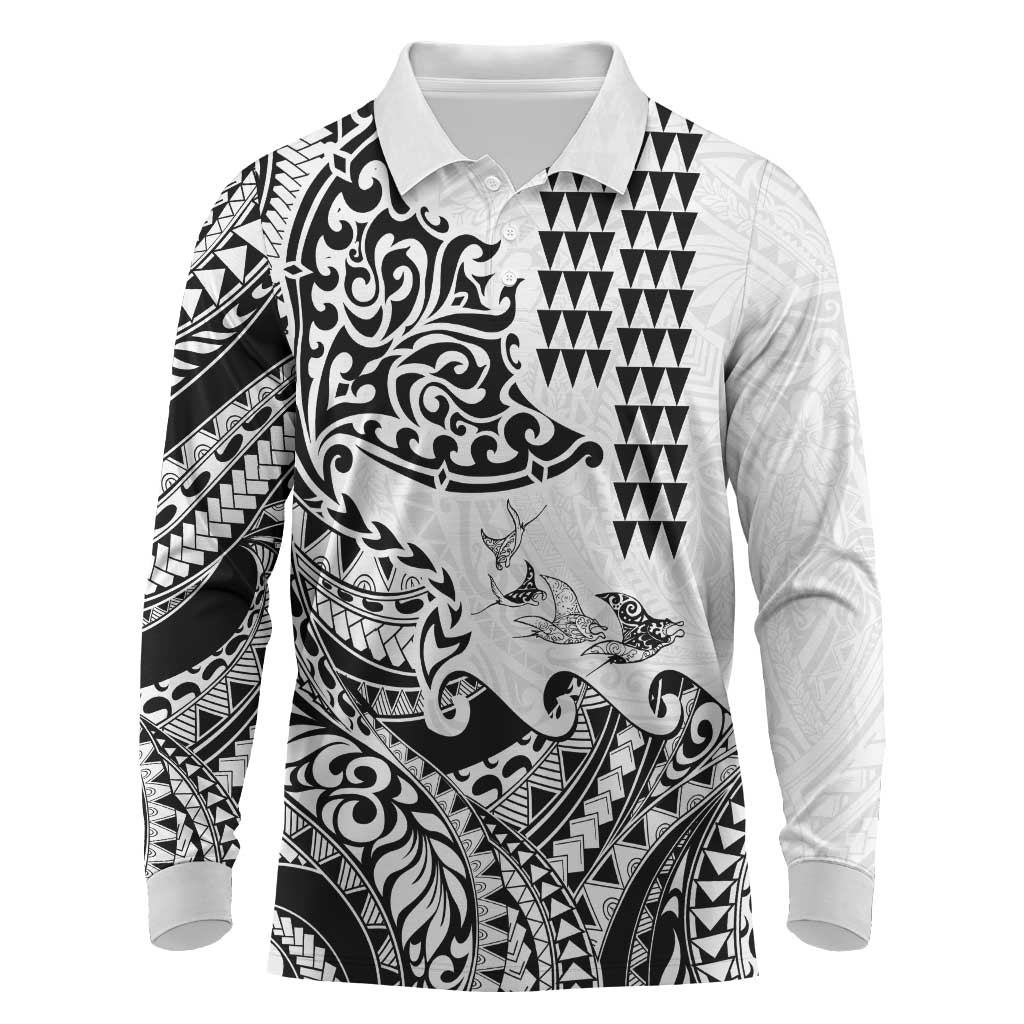 Hawaiian Tribal Manta Ray Long Sleeve Polo Shirt Kakau Tattoo and Polynesian Art Motif Pattern LT03 Multicolor - Polynesian Pride