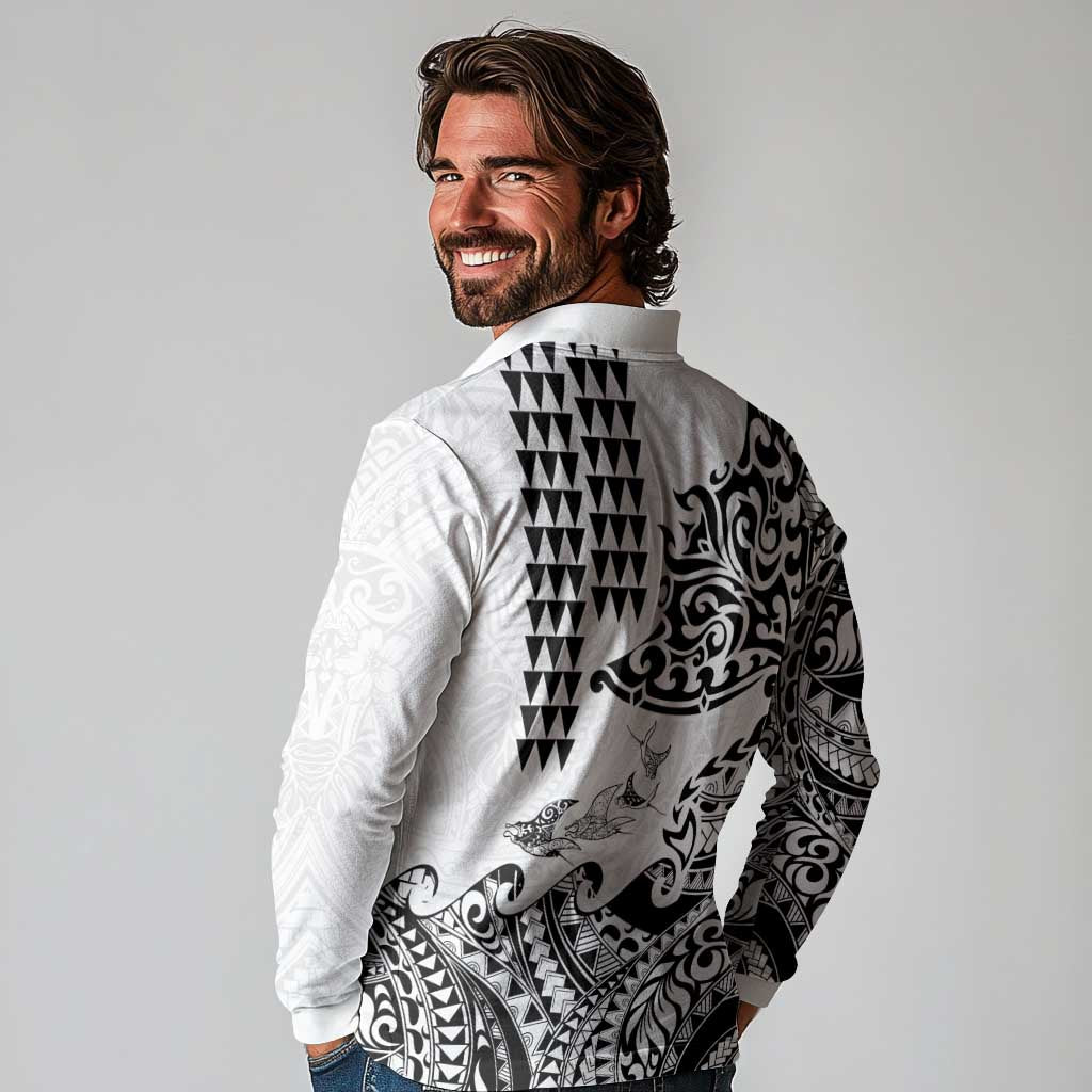 Hawaiian Tribal Manta Ray Long Sleeve Polo Shirt Kakau Tattoo and Polynesian Art Motif Pattern LT03 - Polynesian Pride
