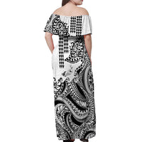 Hawaiian Tribal Manta Ray Off Shoulder Maxi Dress Kakau Tattoo and Polynesian Art Motif Pattern LT03 - Polynesian Pride