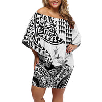 Hawaiian Tribal Manta Ray Off Shoulder Short Dress Kakau Tattoo and Polynesian Art Motif Pattern LT03 Women Multicolor - Polynesian Pride