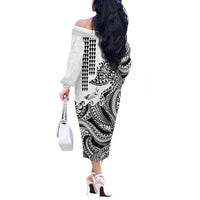 Hawaiian Tribal Manta Ray Off The Shoulder Long Sleeve Dress Kakau Tattoo and Polynesian Art Motif Pattern LT03 - Polynesian Pride