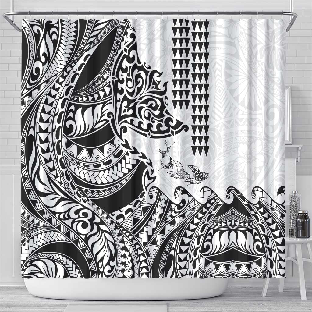 Hawaiian Tribal Manta Ray Shower Curtain Kakau Tattoo and Polynesian Art Motif Pattern