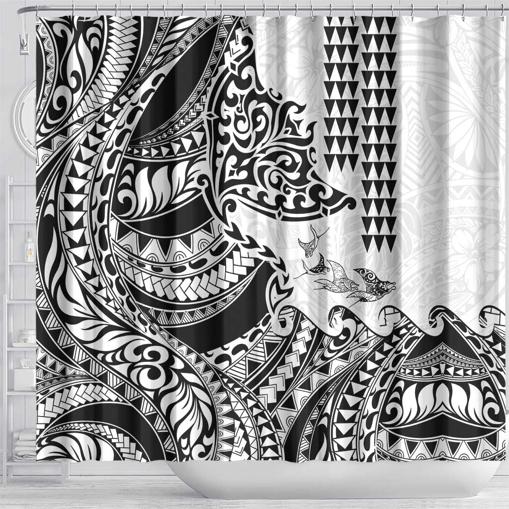 Hawaiian Tribal Manta Ray Shower Curtain Kakau Tattoo and Polynesian Art Motif Pattern