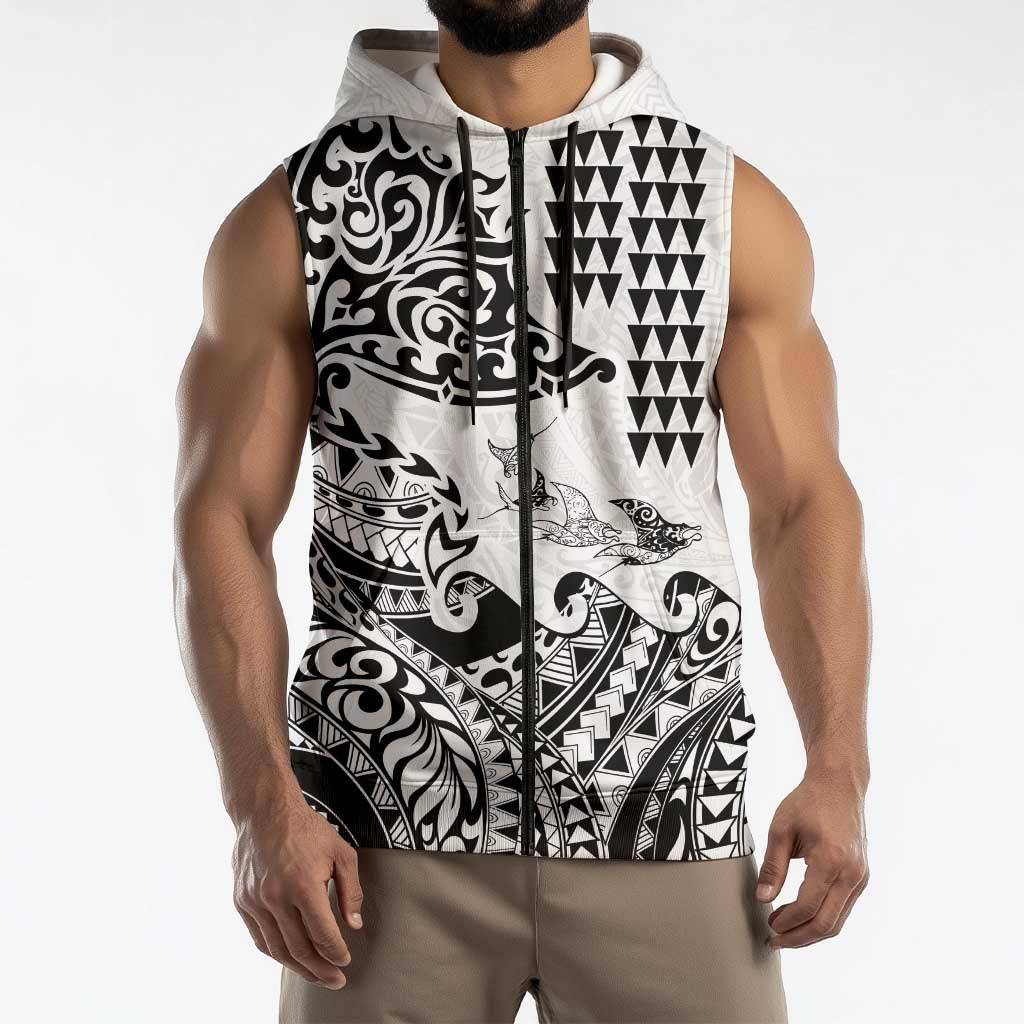 Hawaiian Tribal Manta Ray Sleeveless Zip Hoodie Kakau Tattoo and Polynesian Art Motif Pattern LT03 - Polynesian Pride