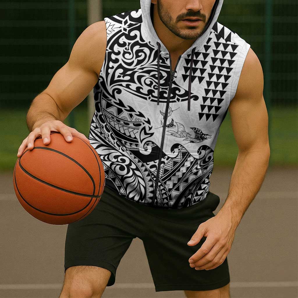 Hawaiian Tribal Manta Ray Sleeveless Zip Hoodie Kakau Tattoo and Polynesian Art Motif Pattern LT03 - Polynesian Pride