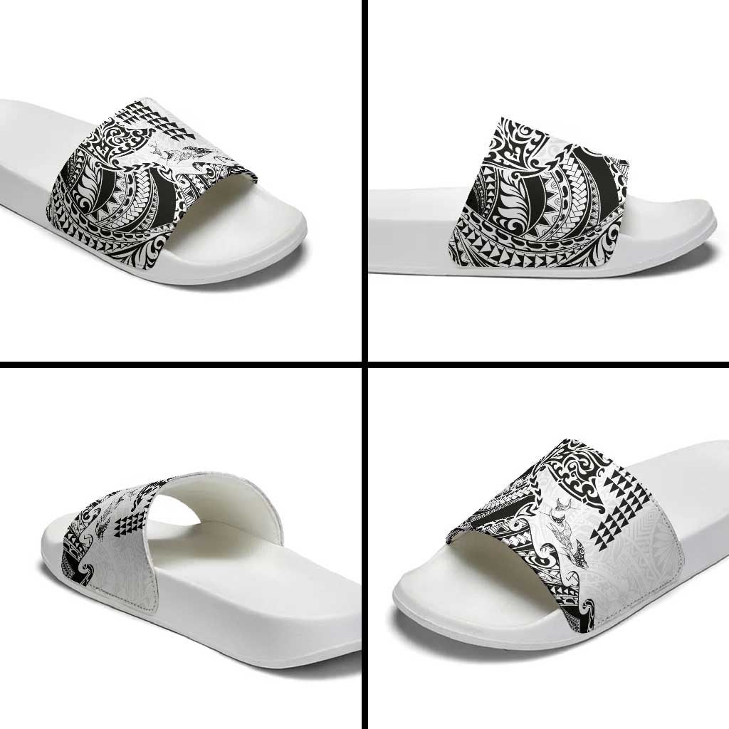 Hawaiian Tribal Manta Ray Slide Sandals Kakau Tattoo and Polynesian Art Motif Pattern