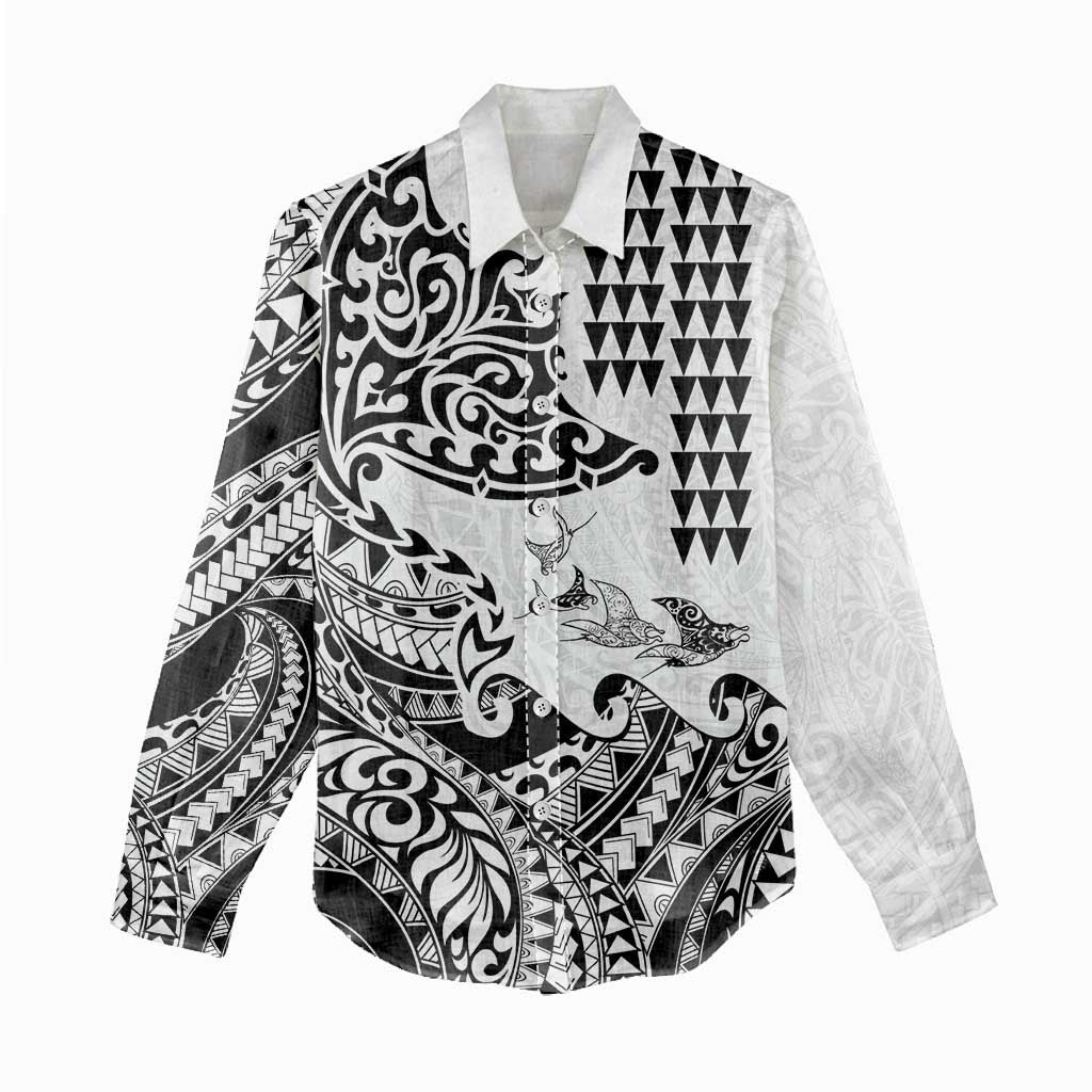 Hawaiian Tribal Manta Ray Women Casual Shirt Kakau Tattoo and Polynesian Art Motif Pattern LT03 - Polynesian Pride