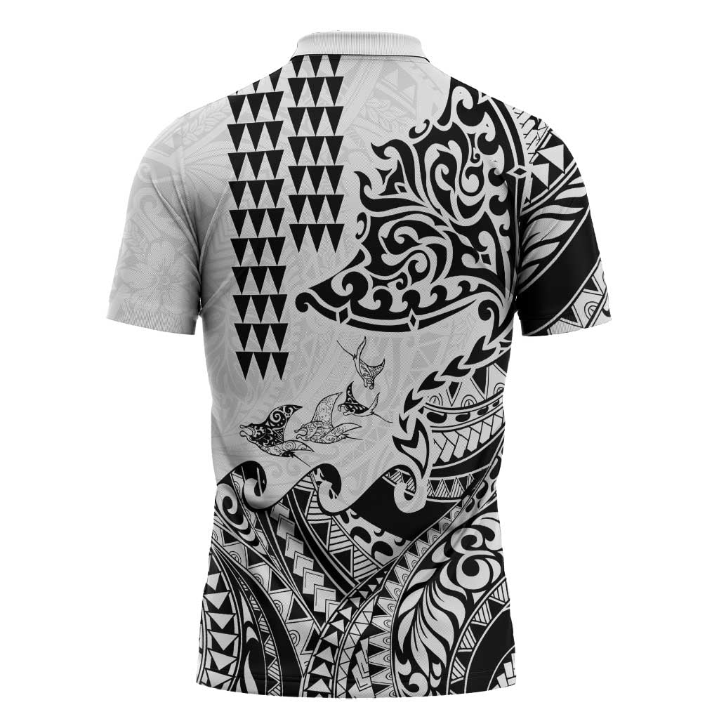 Hawaiian Tribal Manta Ray Zipper Polo Shirt Kakau Tattoo and Polynesian Art Motif Pattern LT03 - Polynesian Pride
