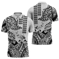 Hawaiian Tribal Manta Ray Zipper Polo Shirt Kakau Tattoo and Polynesian Art Motif Pattern LT03 - Polynesian Pride