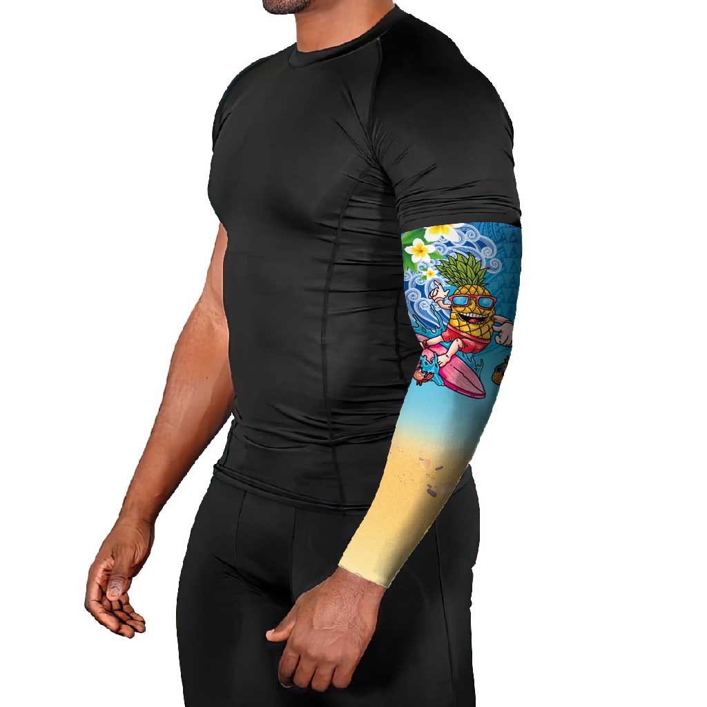 Hawaiian Funny Pineapple Surfing Arm Sleeves Beach with Tribal Kakau and Plumeria LT03 - Polynesian Pride