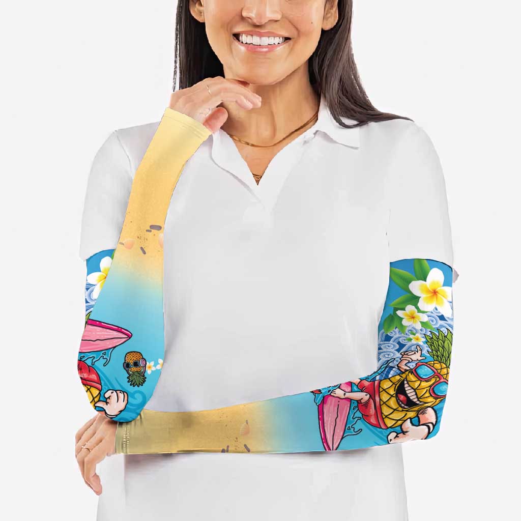Hawaiian Funny Pineapple Surfing Arm Sleeves Beach with Tribal Kakau and Plumeria LT03 - Polynesian Pride