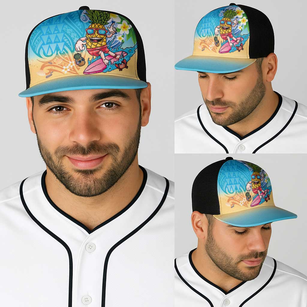 Hawaiian Funny Pineapple Surfing Baseball Net Cap Beach with Tribal Kakau and Plumeria