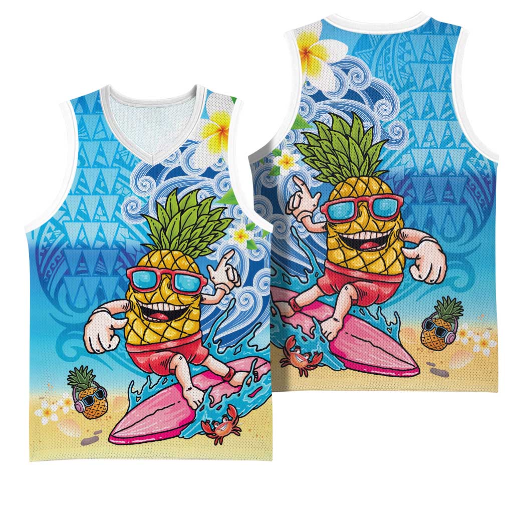 Hawaiian Funny Pineapple Surfing Basketball Jersey Beach with Tribal Kakau and Plumeria LT03 - Polynesian Pride