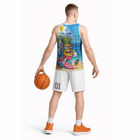 Hawaiian Funny Pineapple Surfing Basketball Jersey Beach with Tribal Kakau and Plumeria LT03 - Polynesian Pride
