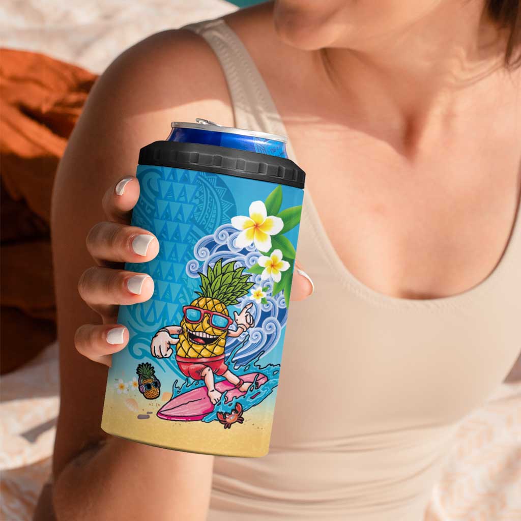 Hawaiian Funny Pineapple Surfing 4 in 1 Can Cooler Tumbler Beach with Tribal Kakau and Plumeria LT03 - Polynesian Pride