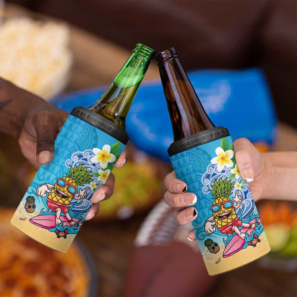 Hawaiian Funny Pineapple Surfing 4 in 1 Can Cooler Tumbler Beach with Tribal Kakau and Plumeria LT03 - Polynesian Pride
