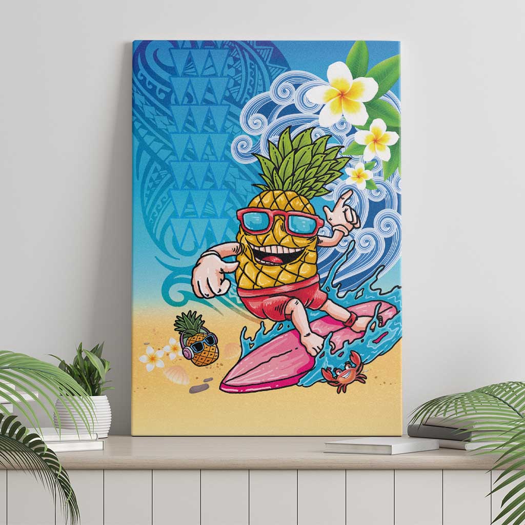 Hawaiian Funny Pineapple Surfing Canvas Wall Art Beach with Tribal Kakau and Plumeria