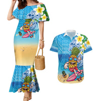 Hawaiian Funny Pineapple Surfing Couples Matching Mermaid Dress and Hawaiian Shirt Beach with Tribal Kakau and Plumeria LT03 Multicolor - Polynesian Pride