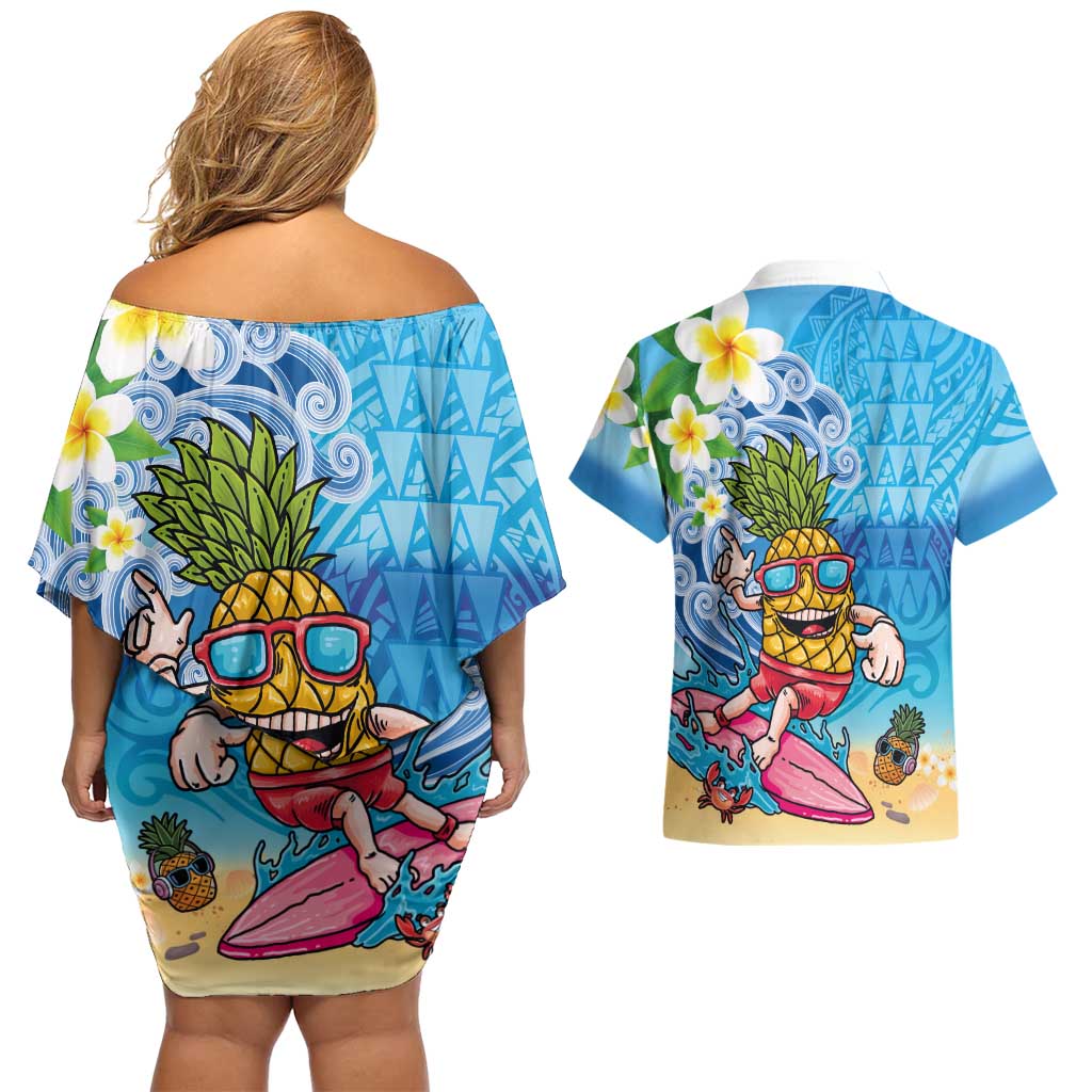 Hawaiian Funny Pineapple Surfing Couples Matching Off Shoulder Short Dress and Hawaiian Shirt Beach with Tribal Kakau and Plumeria LT03 - Polynesian Pride