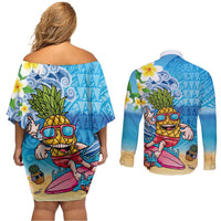 Hawaiian Funny Pineapple Surfing Couples Matching Off Shoulder Short Dress and Long Sleeve Button Shirt Beach with Tribal Kakau and Plumeria LT03 - Polynesian Pride