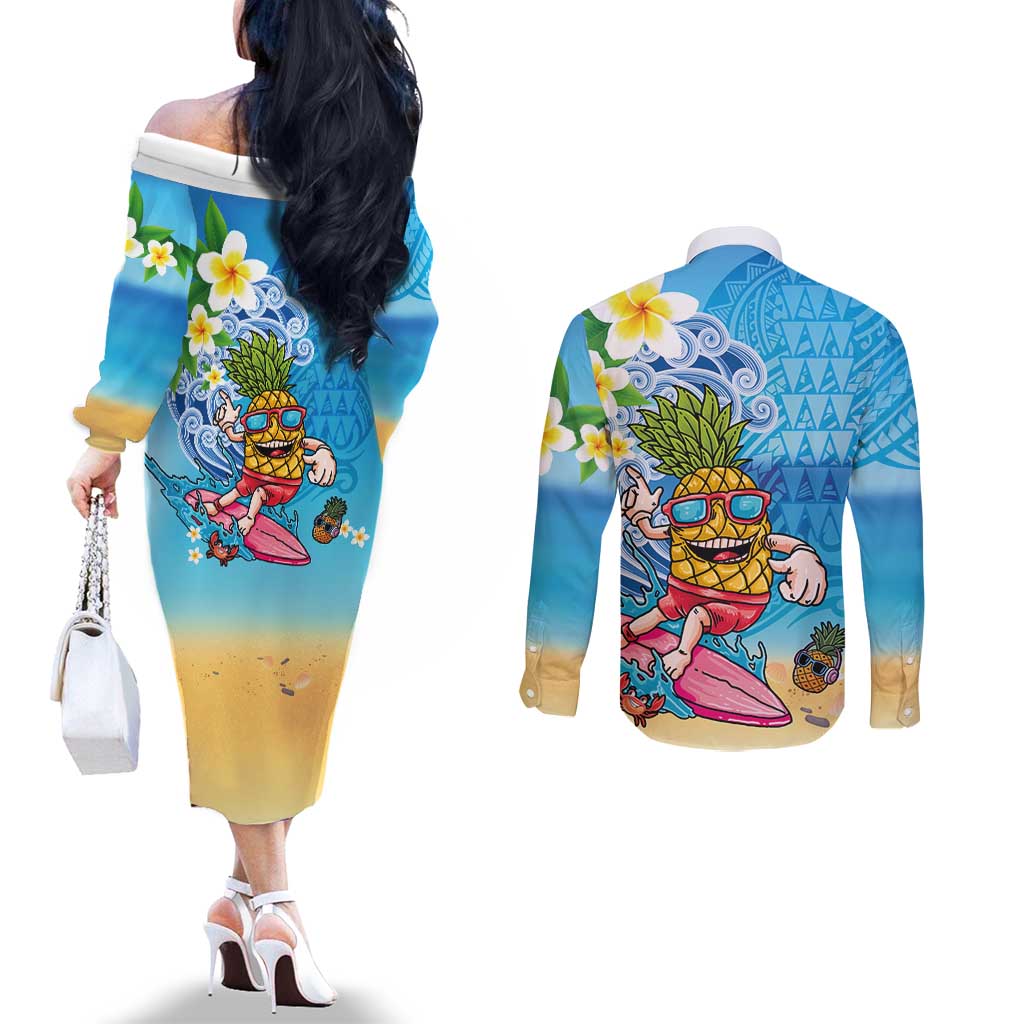 Hawaiian Funny Pineapple Surfing Couples Matching Off The Shoulder Long Sleeve Dress and Long Sleeve Button Shirt Beach with Tribal Kakau and Plumeria LT03 - Polynesian Pride