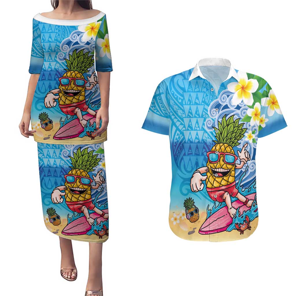 Hawaiian Funny Pineapple Surfing Couples Matching Puletasi and Hawaiian Shirt Beach with Tribal Kakau and Plumeria LT03 Multicolor - Polynesian Pride