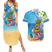 Hawaiian Funny Pineapple Surfing Couples Matching Summer Maxi Dress and Hawaiian Shirt Beach with Tribal Kakau and Plumeria LT03 Multicolor - Polynesian Pride