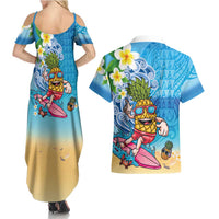 Hawaiian Funny Pineapple Surfing Couples Matching Summer Maxi Dress and Hawaiian Shirt Beach with Tribal Kakau and Plumeria LT03 - Polynesian Pride