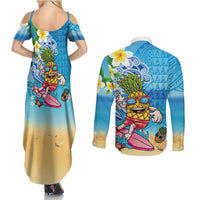 Hawaiian Funny Pineapple Surfing Couples Matching Summer Maxi Dress and Long Sleeve Button Shirt Beach with Tribal Kakau and Plumeria LT03 - Polynesian Pride