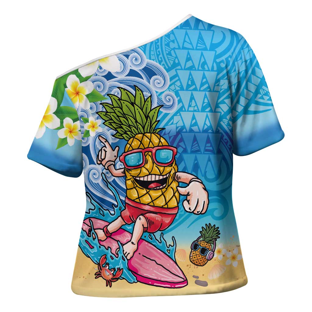 Hawaiian Funny Pineapple Surfing Cross Shoulder Shirt Beach with Tribal Kakau and Plumeria LT03 - Polynesian Pride