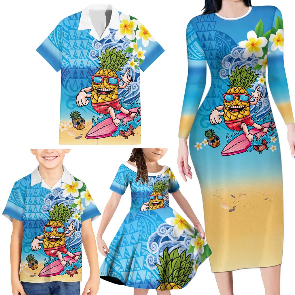 Hawaiian Funny Pineapple Surfing Family Matching Long Sleeve Bodycon Dress and Hawaiian Shirt Beach with Tribal Kakau and Plumeria LT03 - Polynesian Pride